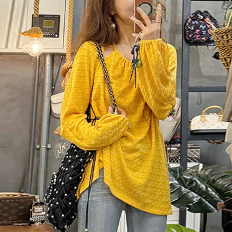 

Женский весенне-осенний корейский модный топ с воротником-стойкой Long Sve Bubble Sve Textured Sensation Age Reduction Faionable Top