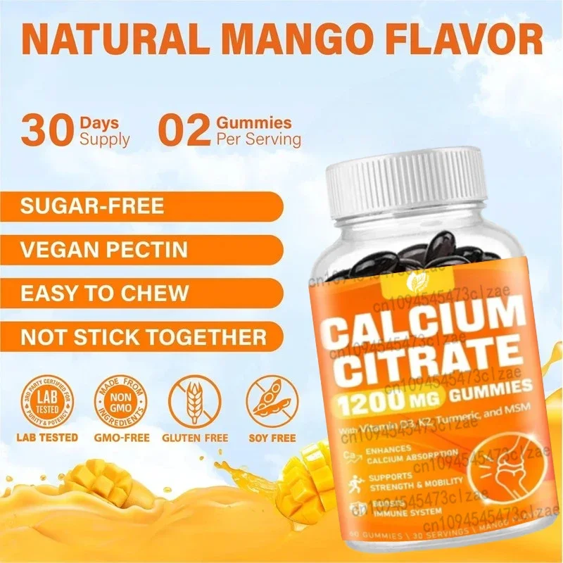 Citrato de calcio contiene vitaminas D3, K2, cúrcuma y apoyo a la inmunidad muscular: sin azúcar, sabor mango natural