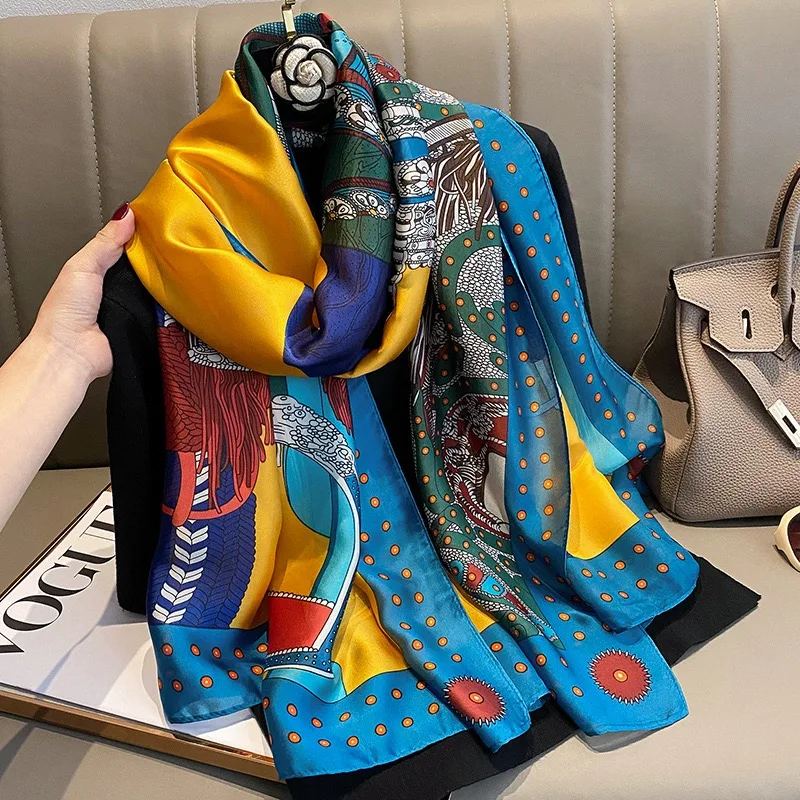 New 180*90cm classic Silk Scarf Women Foulard Office lady Large Fashion Print Beach Hijab shawl warp bandanna muffler pareo