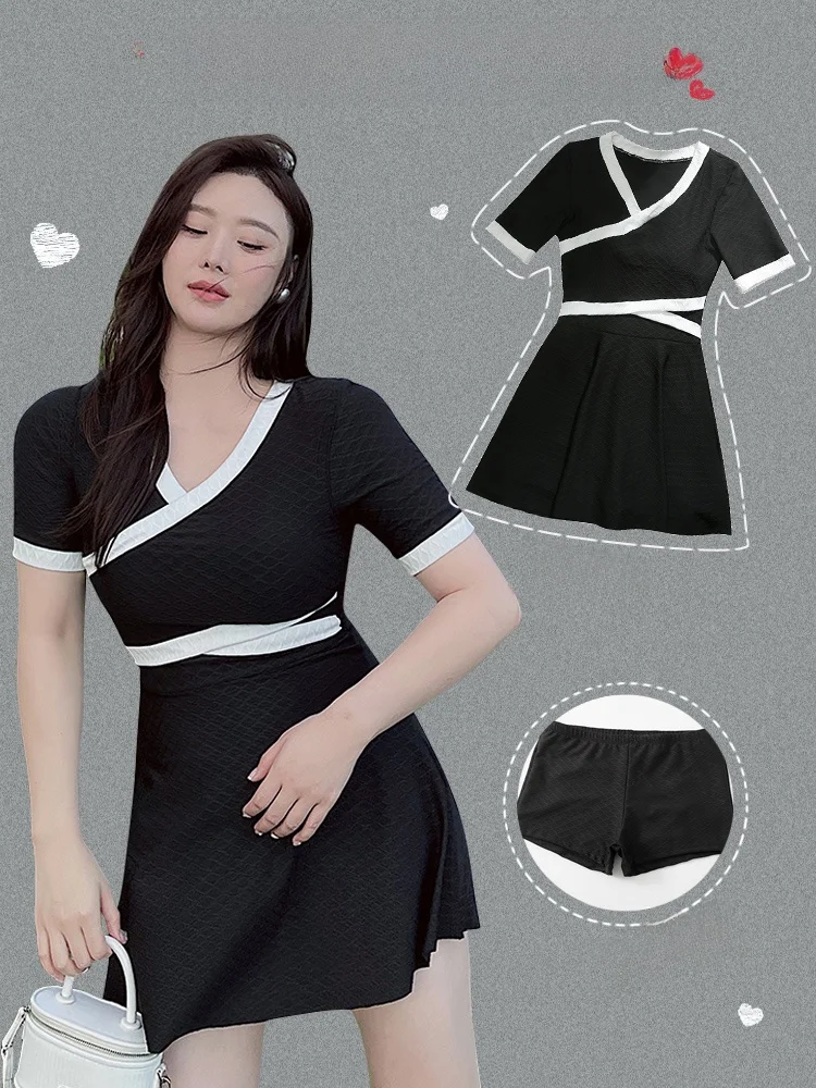 

Retro Svel Conservative Separate Skirt Sle Swimming Suit Women plus Size Hide Belly Warm Spring Bathing Student