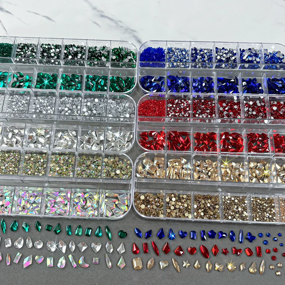 12Grids 3D Red Nail Art Rhinestones Mixed Heart Star Butterfly Round Diamond Nails Decoration Sparkling Gemstones Nails Supplies