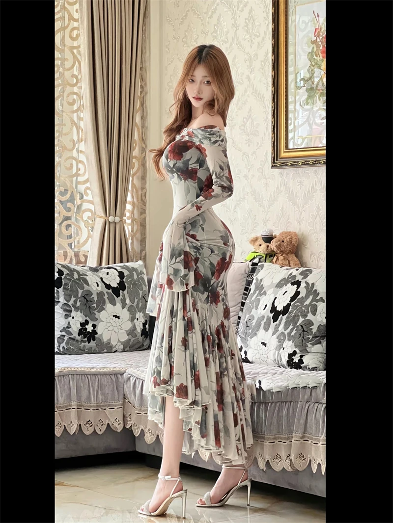 Sexy Style Party Autumn Long Dress Women Print French Vintage Strap Dress Female Fishtail Fork Japanese Elegant Fairy Dress 2024