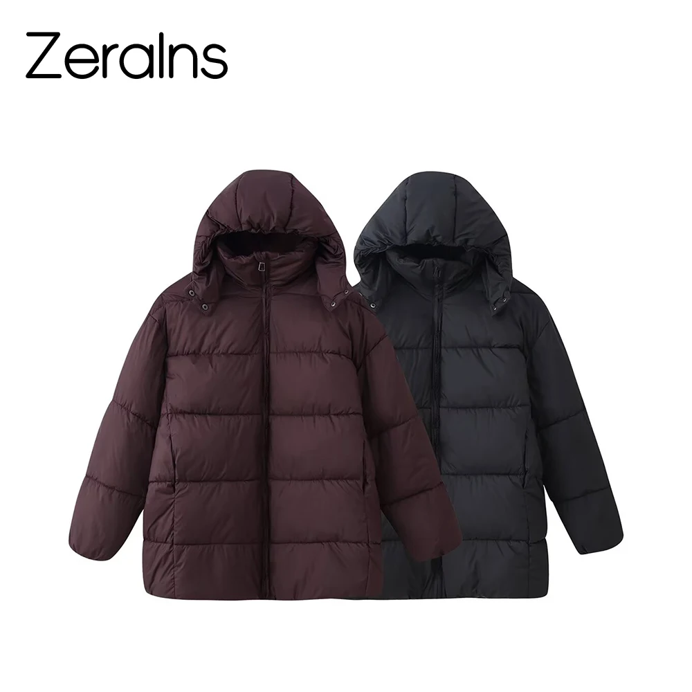 

ZERAINS Winter new women's clothing French casual style loose fit long sleeved stand up collar hooded warm cotton jacket