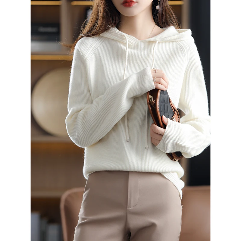 Spring And Autumn Pure Wool Precision High End Fashion Hooded Cashmere Sweater Women\'s Loose And Comfortable Sweater Temperament