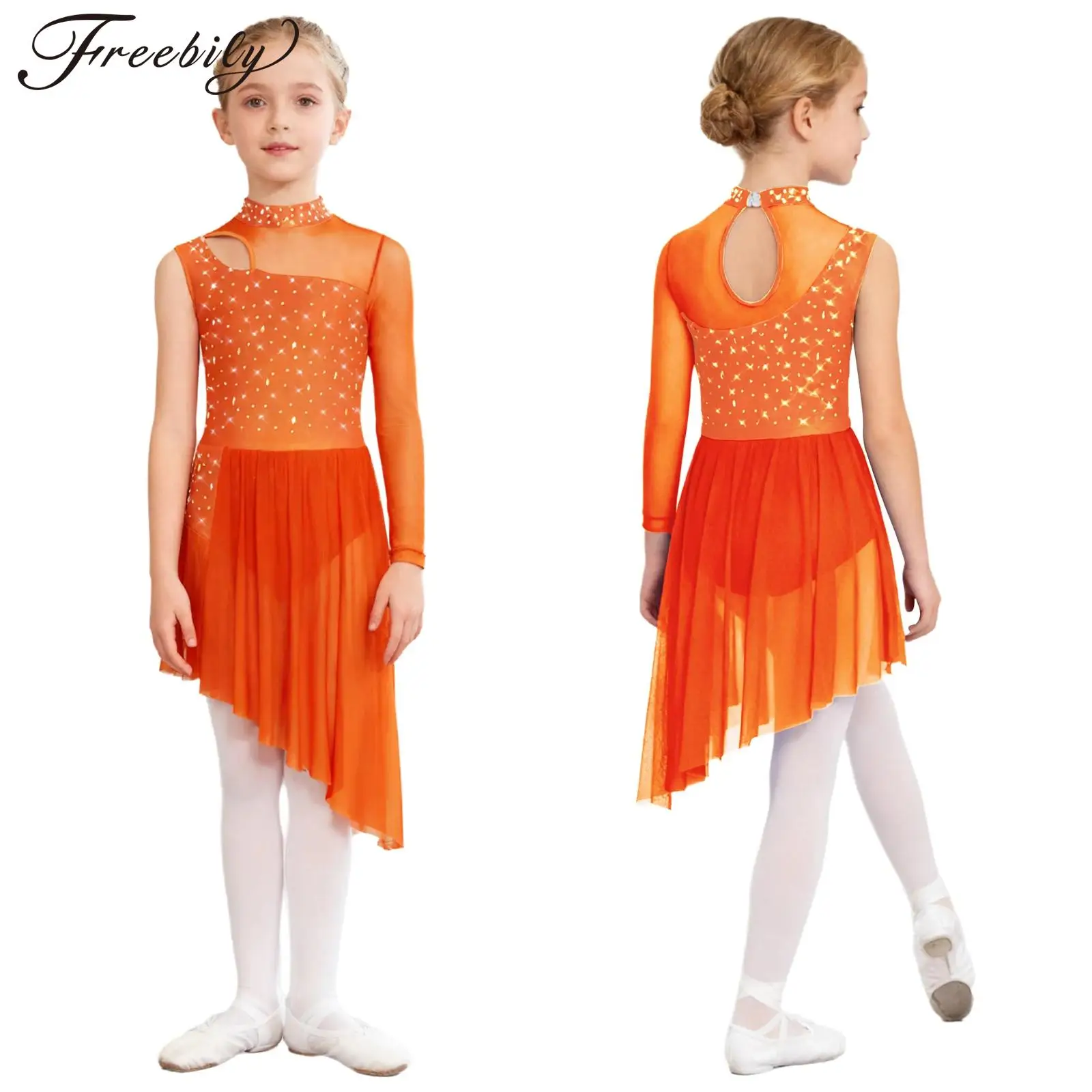 Girls Lyrical Dance Dress Figure Skating Costume Shiny Rhinestones Sheer Mesh Ballet Artistic Gymnastic Leotard Modern Dancewear