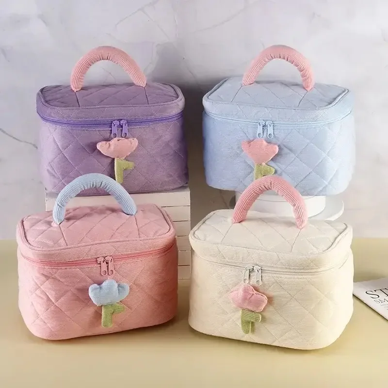 Corduroy Zipper Bags for Women, Tulip Flowers Pouch, Large Capacity, Travel Cosmetic Bag, Portable Storage, Make Up Organizer