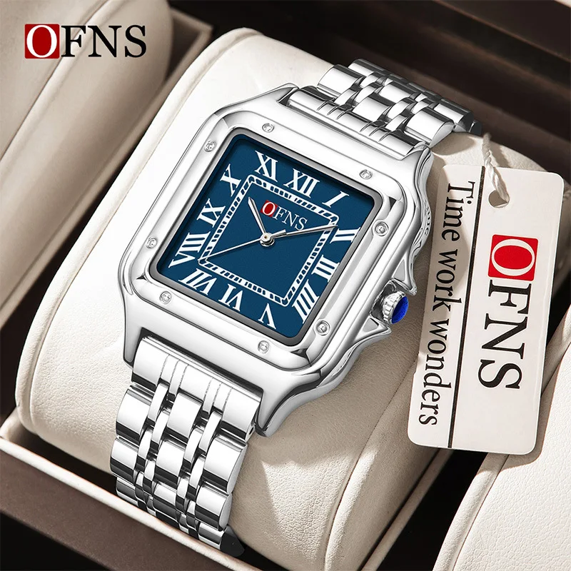 OFNS Square Couple Quartz Watch Roman Scale 3ATM Waterproof Steel Belt Watch Simple and Elegant Confession Commemorative Gift