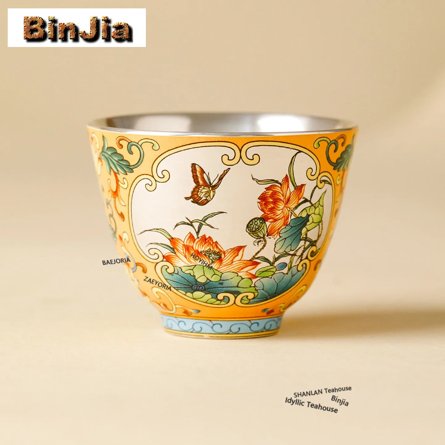 

70ml Gilt Silver Colour Enamels Butterfly Flower Teacup Vintage Tea Bowl Jug Tea-tasting Personal Cup Chazhan Master Cups Craft