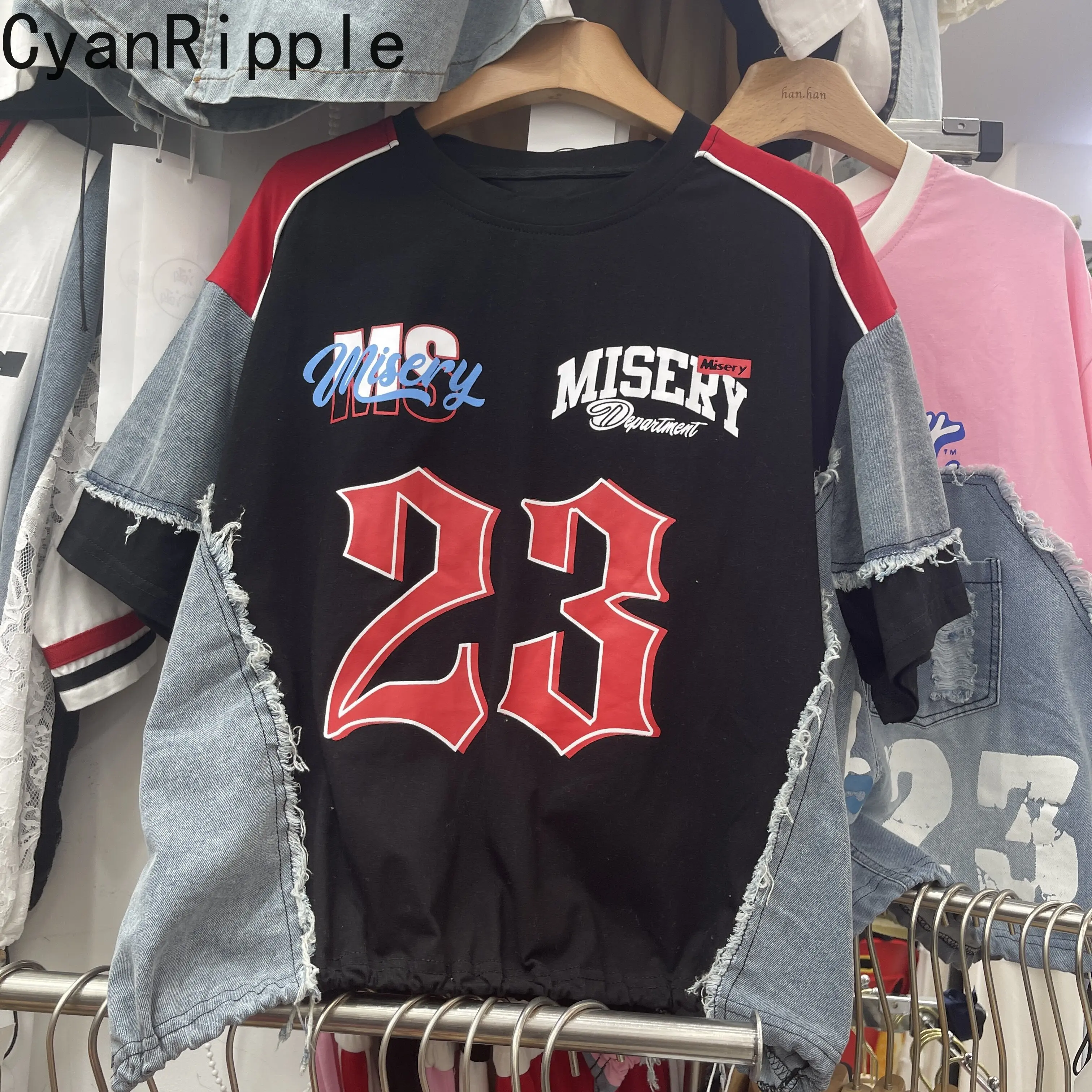 

American Style Colorblock Denim Splicing Loose Short Sleeve T-shirt Trendy Letters Printed Oversize Round Neck Pullover Tops