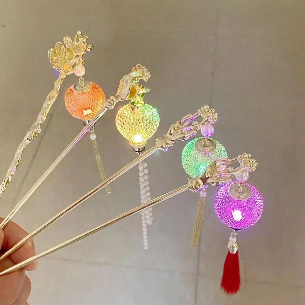 Flor brilhante lanterna hairpin, varas de cabelo luminescentes para pães, pendão de cabelo, Hanfu Headwear, cabelo Chopstick