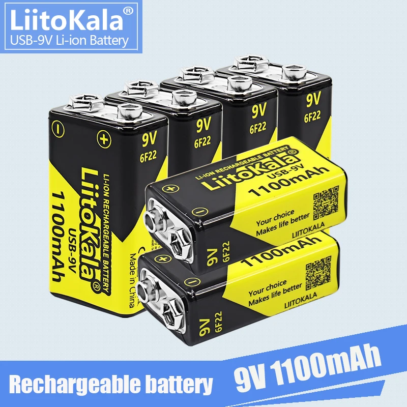 6PCS LiitoKala 9V 1100mah lithium ion rechargeable battery type-C USB battery 9V multimeter lithium microphone metal detector