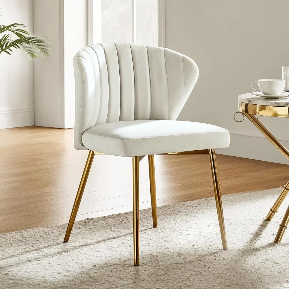 Velvet Dining Chair Modern Small Vanity Chair with Back Metal Legs Elegant Tufted Armless Accent Chair Living Room, Ivory