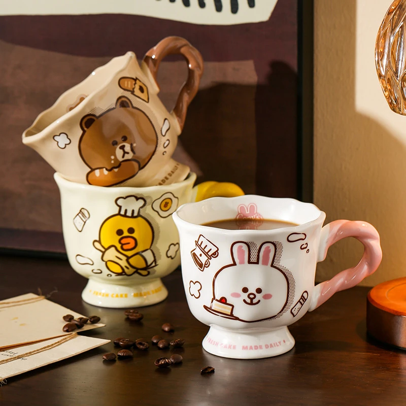 LINE FRIENDS Christmas Cute Brown Bear Fried Dough Twists Braid Ceramic Cup Home Breakfast Cup Office Milk Cup Christmas Gifts