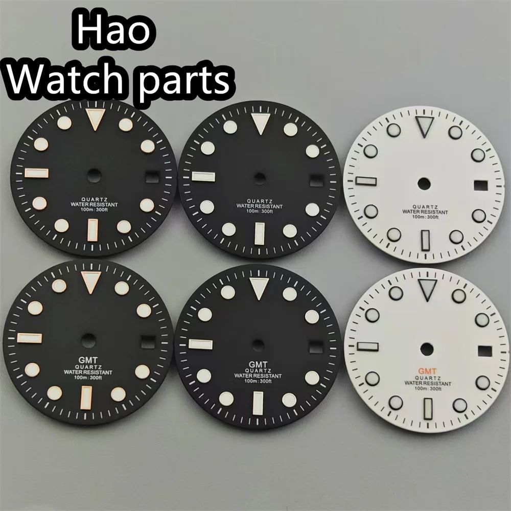 BLIGER 29mm GMT Quartz Watch Dial Black White Dial Green Luminous Fit RONDA 515/RONDA 515-24H Quartz Movement Watch Parts