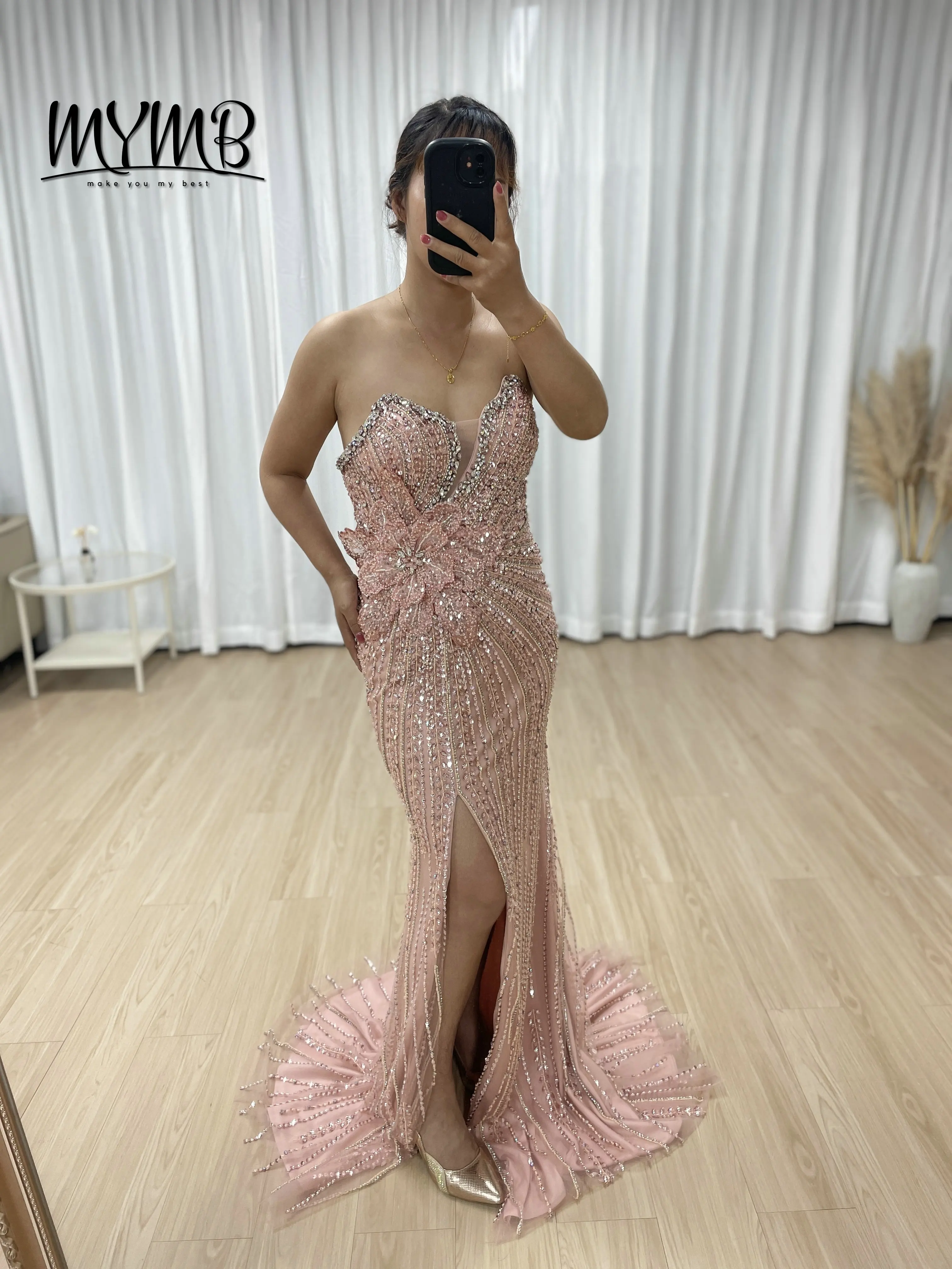 

MYMB Romantic Pink Mermaid Evening Dress With Crystal Beads Floral Applique Waist Sexy High Slit Design for Formal Event MB40405