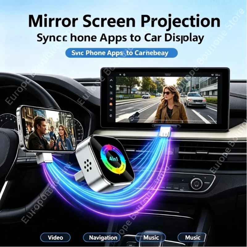 Stabiler 4-in-1 CarPlay-Konverter, Kabelloses Android Auto, Airplay, Mirror Link, Schnelles Plug-and-Play, Auto-Multimedia-Adapter fürs Auto