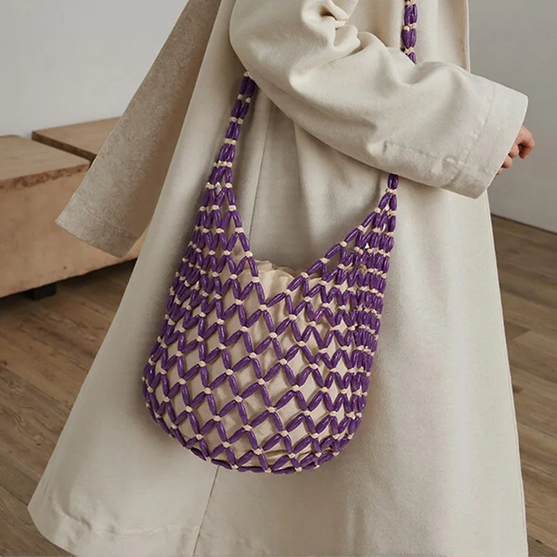 

Wooden Beading Hollow-out Tote Bag for Holiday Travels Date Handmade Beaded Shoulder Bag Casual Beach Handbag for Women