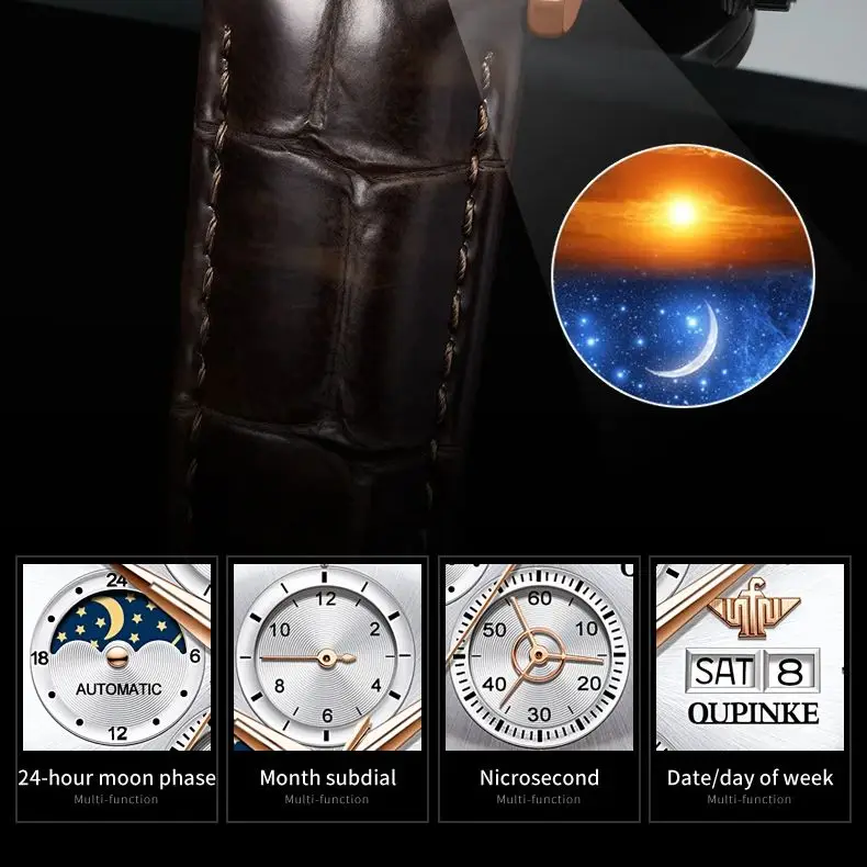 OUPINKE ブランドメンズ腕時計ブラウンレザーストラップ自動機械式腕時計男性用多機能日付メンズ腕時計