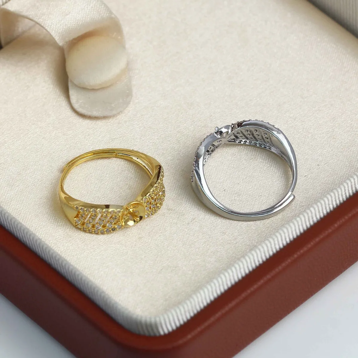 Luxury‑Style Women Brass 14K Gold Plated CZ‑Inlaid Textured Ring Blank Setting Handmade Supplies For DIY Pearl Ring Findings