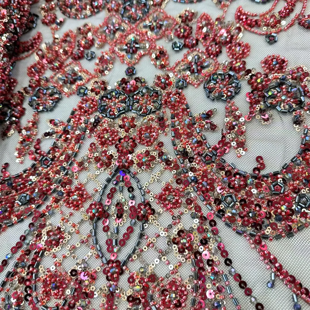

Nigerian Bridal French Baroque Tulle Lace Fabric High Quality Sequins Beaded For Wedding Party Evening Dress Sewing Material