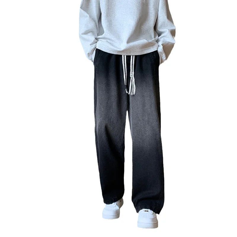 Baggy Jeans Men's Casual Pants Elastic Waist Denim Pants Straight Jogging Pants Men's Washed Jeans Black Wide Leg Jeans