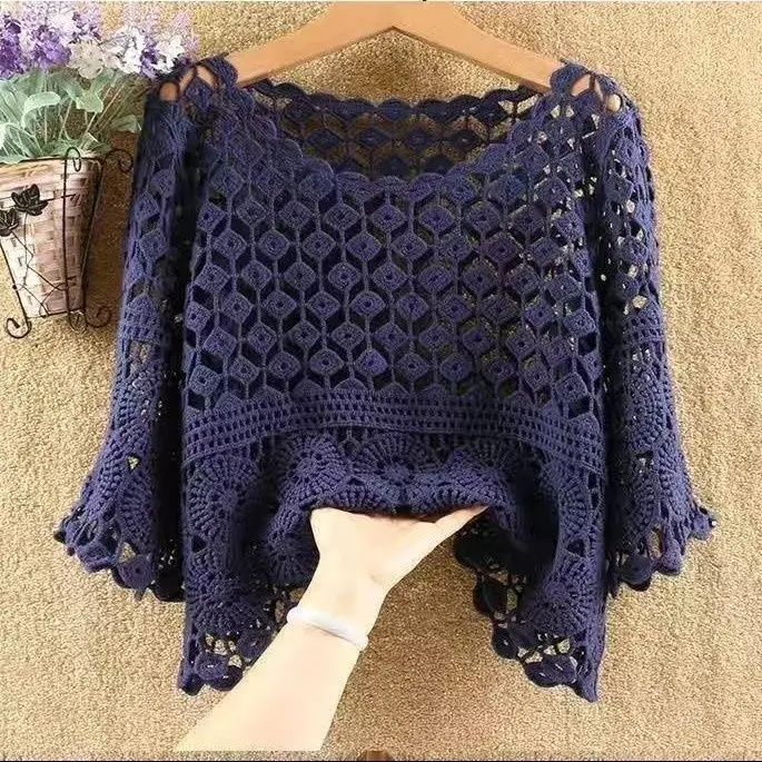 ฤดูร้อนผ้าฝ้ายโครเชต์ Openwork เสื้อสวมหัวผู้หญิงหลวมพอดีจับคู่ปกปิดเสื้อป้องกันแสงแดด