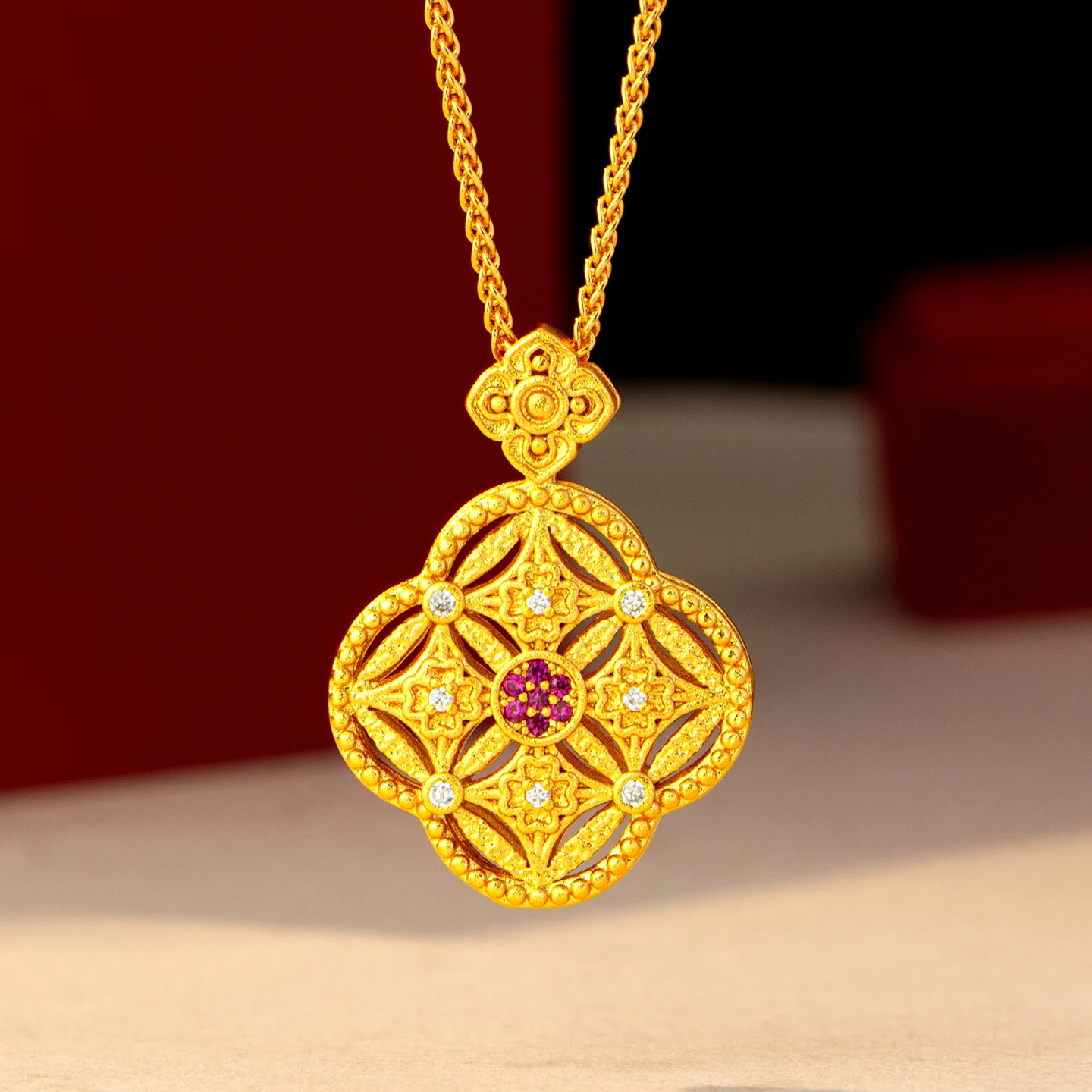 women hollow diamond gold pendant forged from 24K pure gold AU999 matches low-key Chinese style outfits.