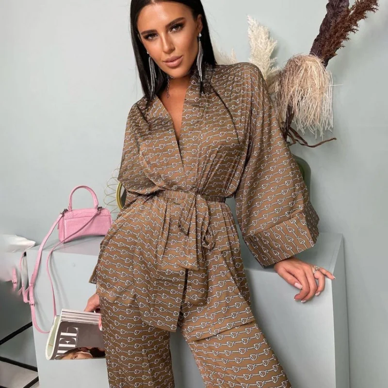 Satin Satin Pajamas with Lace-up Printed Loose Suit, Satin Cardigan, Home Wear, Spring and Summer, New