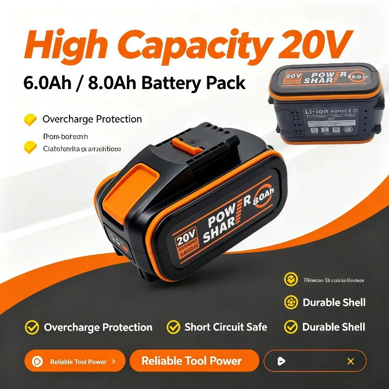 Worx 20V Cordless Tool Spare Battery 6.0Ah 8.0Ah Rechargeable Lithium Battery With Charger No Memory Self‑discharge Effect