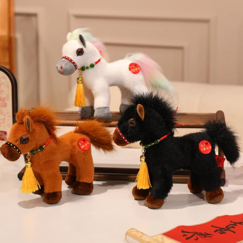

Simulation Spring Festival Mascot Toy Horse Long Mane PP Cotton Stuffed Standing Foal Plush Doll 20/25/30cm with Tassel