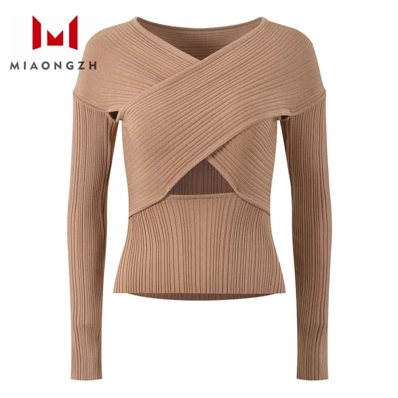 

2025 Spring Summer New Hollow Out Knit Sweater For Women V Neck Long Sleeve Solid Slimming Crop Fashion Knitwear Pullovers Top