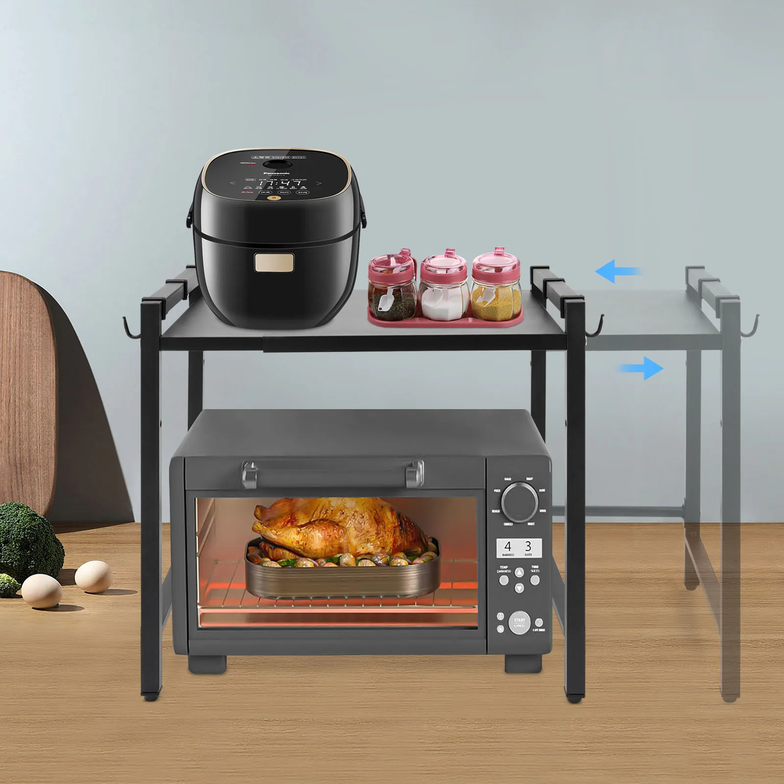 

Двухуровневая регулируемая подставка для микроволновой печи с выдвижными полками, черная органайзер-стойка с крючками, компактное хранение для кухни