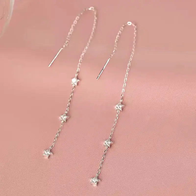 New 925 Sterling Silver Star Tassel Earrings Small And Delicate Five Pointed Star Zircon Long Earrings Women's Fashion Jewelry