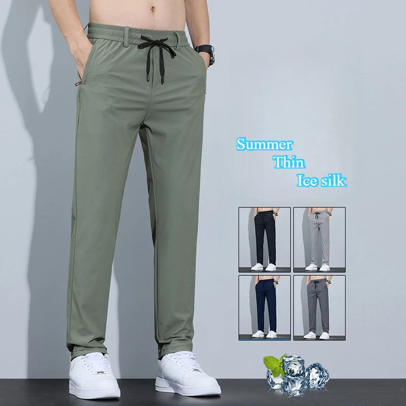

Summer Men's Ice Silk Quick Drying Casual Pants Korean Slim All Match Trousers Elastic Waist Straight Hiking Jogging Sweatpants