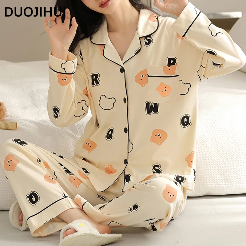 DUOJIHUI Two Piece New Fashion Print Female Sleepwear Autumn with Chest Pad Cardigan Basic Simple Pant Loose Women's Pajamas Set