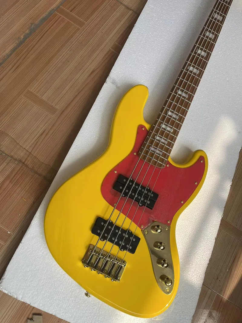

High quality 5 string jazz electric bass,Gold hardware,Active electronics,Red pickpocket,Customizable, free shipping