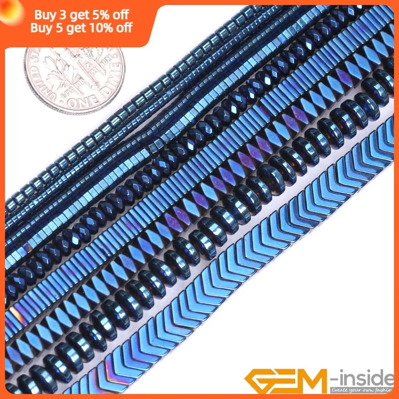 Blue Metallic Coated Rainbow Reflection Hematite Accessories Beads For Jewelry Making Strand 15 Inch Assorted Shapes Select