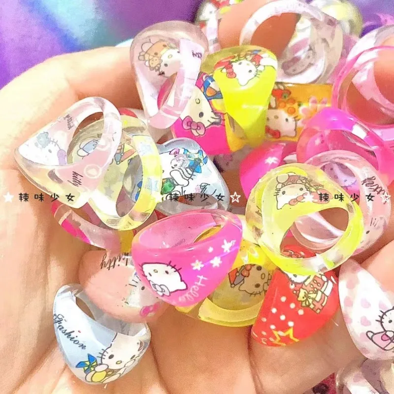 Hello Kitty Ring Girl Niche Cartoon Cute Acrylic Color Sanrio Tail Ring Color Christmas Gift