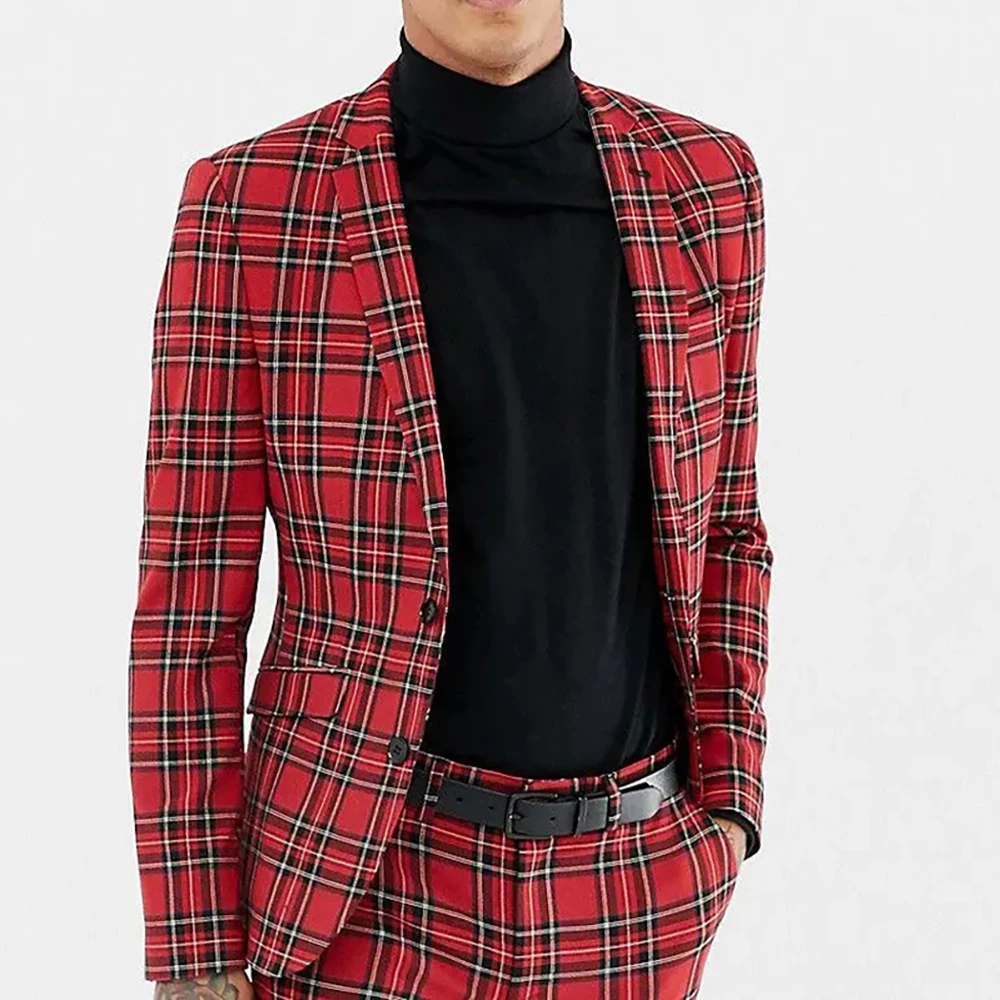 

Classic Plaid Men Suits Red Slim Fit Single Breasted Notch Lapel Outfits Skinny Prom Party 2 Piece Jacket Pants Male Clothing