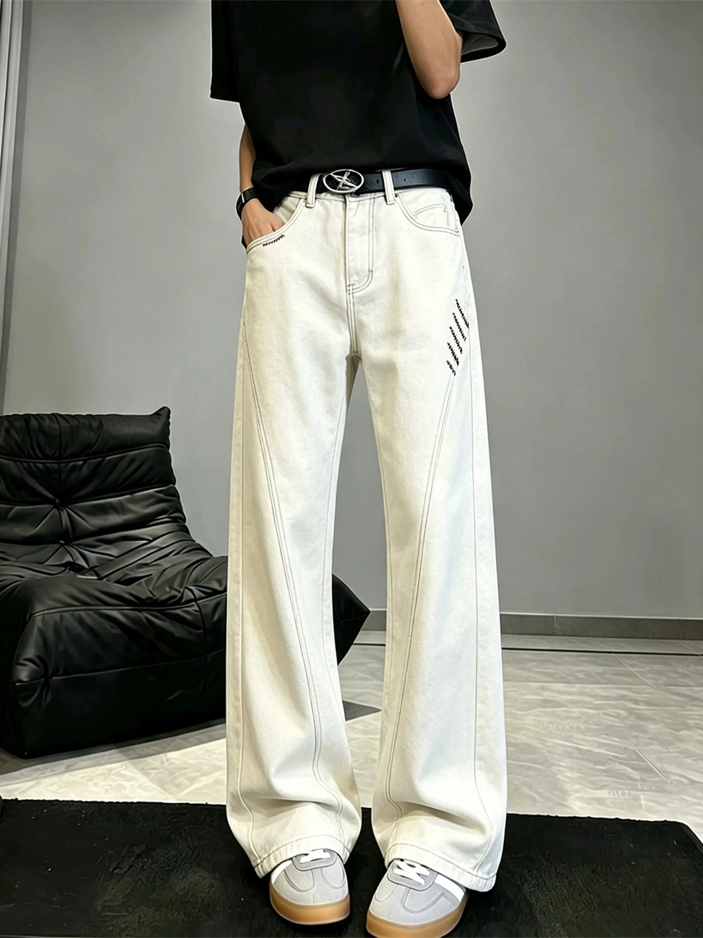Cleanfit Men's Casual Washed Denim Jeans Spring Autumn High Street Straight Leg Micro Flared Pants American Style Slanted Cut
