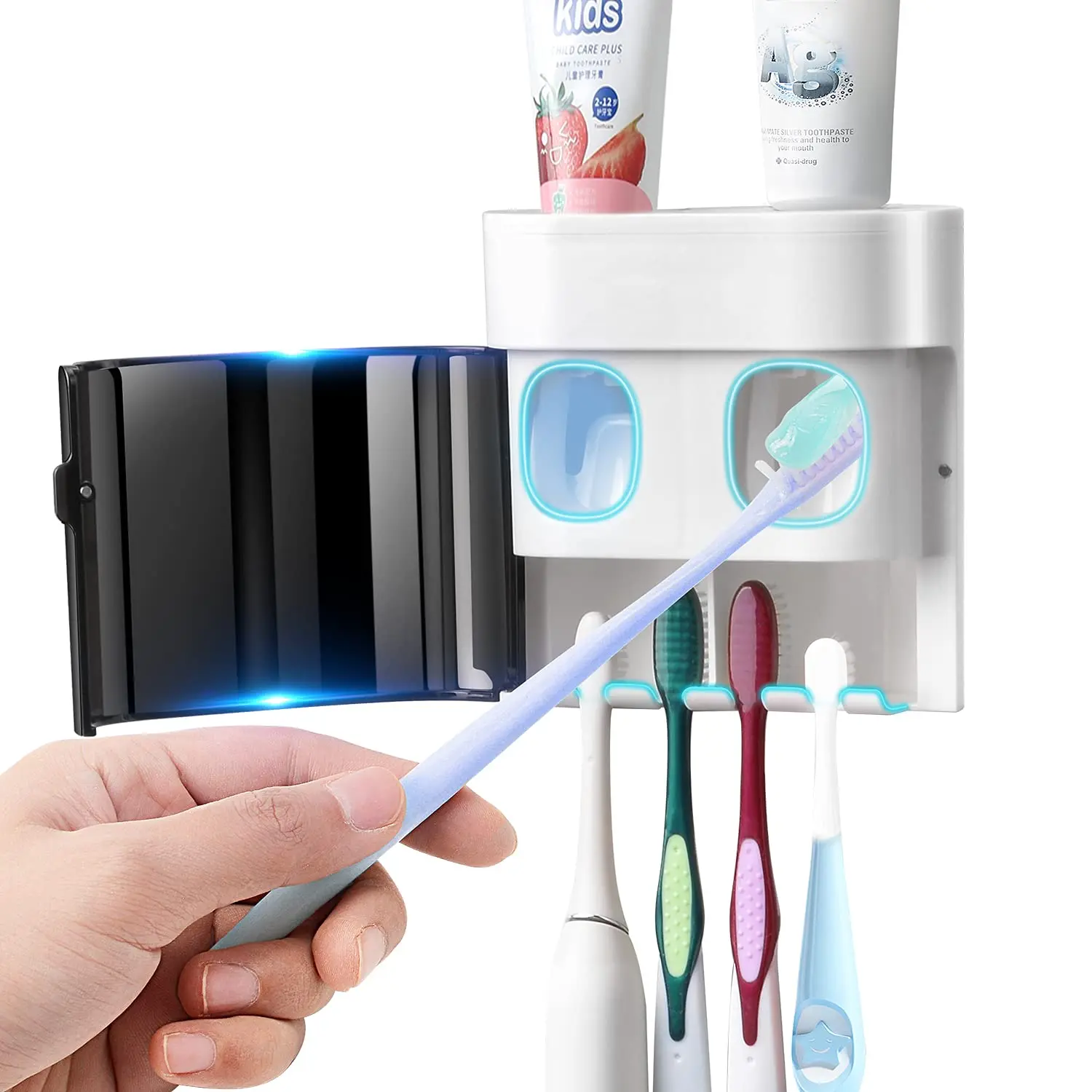 

Toothbrush Holder Toothpaste Dispenser Wall Mounted with Cover, 4 Slots Tooth Brush Storage Organizer with Automatic Kids Toothp