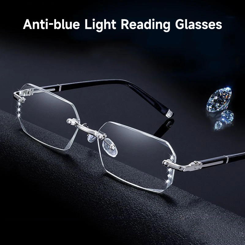 Randlose Anti-Blaulicht-Lesebrille für Männer und Frauen, Strassbesetzte Blaulichtfilter-Brille, Optische Gläser, Lesebrille