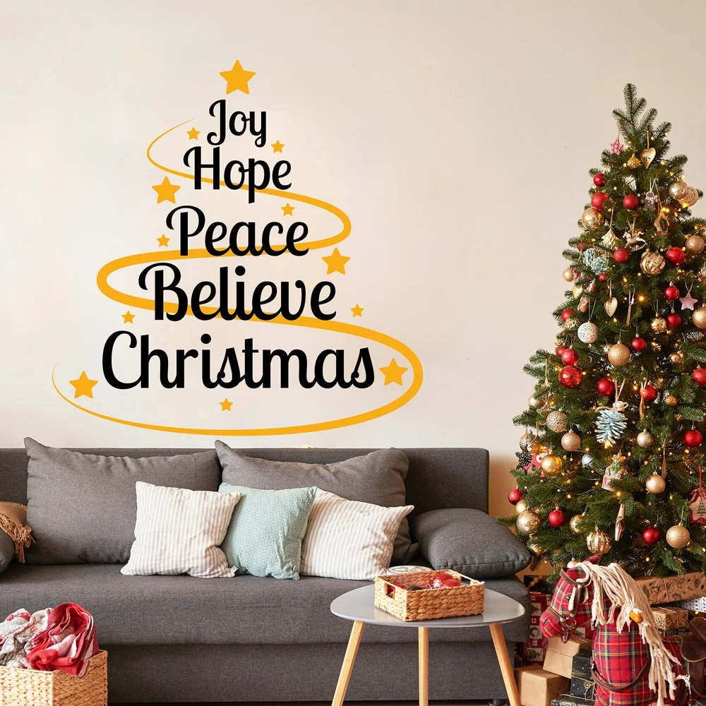 ملصق حائط من الفينيل اقتباس عيد الميلاد على شكل قلب "Joy Hope Peace Believe Christmas" ملصق نصي - ديكور غرفة المعيشة الملهم