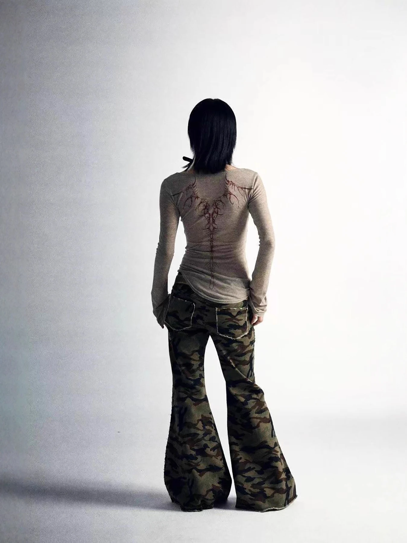 New reversible versatile sexy slim fit printed square neck niche thin top shirt for women's outerwear