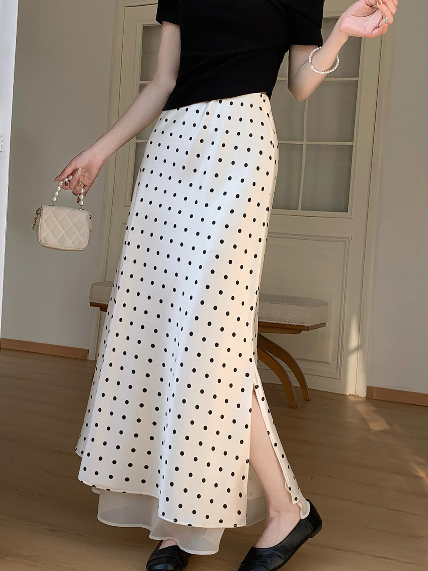 

Рекомендованная Эмили Клуд юбка из ацетатного атласа в горошек для женщин, весна-лето, с эластичной талией, с разрезом, фасон «рыбий хвост»