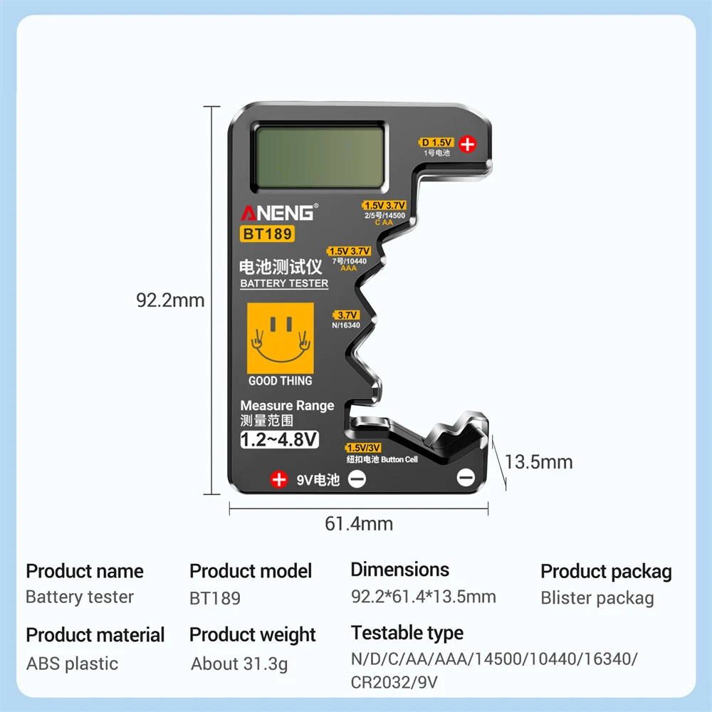 Digitale batterijtester BT189 Batterijtester LCD-scherm Universele batterijchecker voor AA AAA 9V 1,5V / 3V knoopcelbatterijen