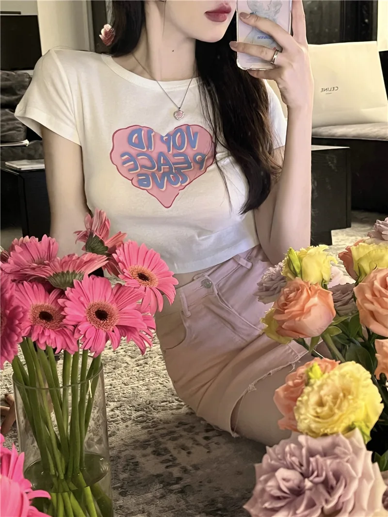 Camiseta de manga corta para mujer, Top corto ajustado con estampado de hermana Ins de verano