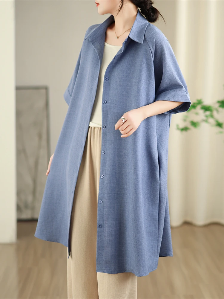 

Весна-Лето 2026: Женская приталенная блузка средней длины с художественным дизайном, однотонная, на пуговицах, с коротким рукавом и отложным воротником