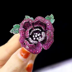 ZOCA Luxury Custom 925 Silver 5A Zircon Inlaid Large Rose Brooch Women Accessories Premium Jewelry Gift Party