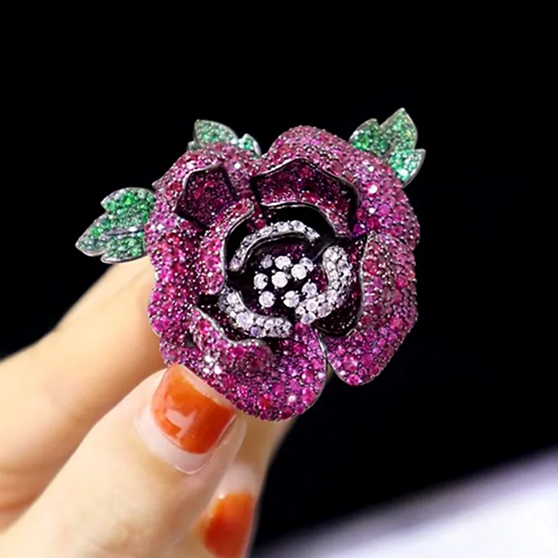 ZOCA Luxury Custom 925 Silver 5A Zircon Inlaid Large Rose Brooch Women Accessories Premium Jewelry Gift Party